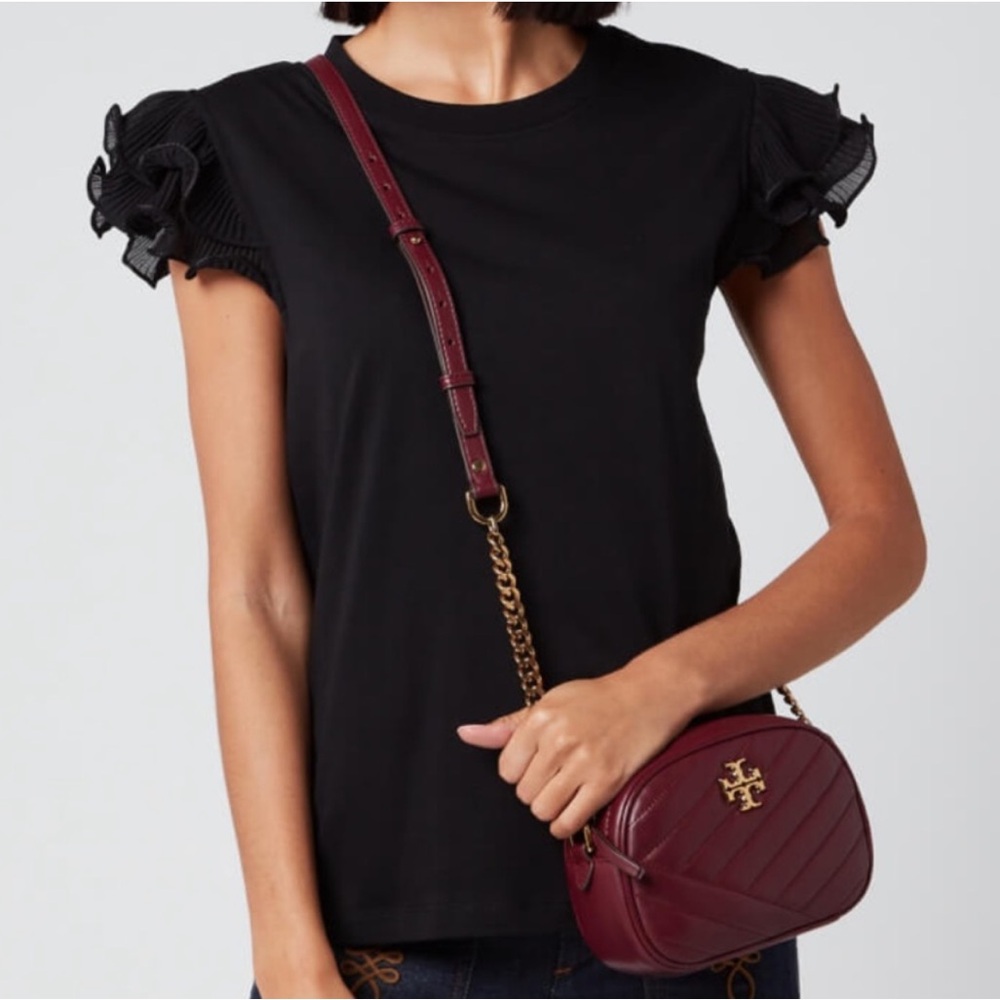 Tory Burch KIRA Chevron Wine Red Crossbody Bag with Gold Accents